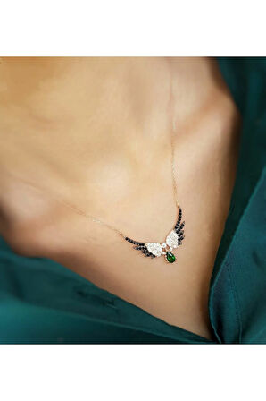 Modahilye 925 Ayar Gümüş Melek Kanadı Zümrüt taşlı Damla tasarım Rose Gold Kolye