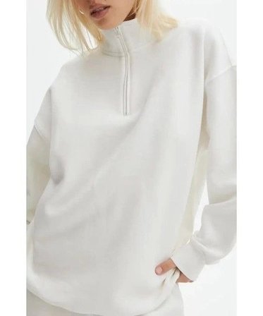 Unisex Uzun Kol Yarım Farmuarlı Yakalı Basic SweatShirt - Beyaz