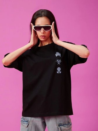 Baskılı Oversize T-shirt - Siyah