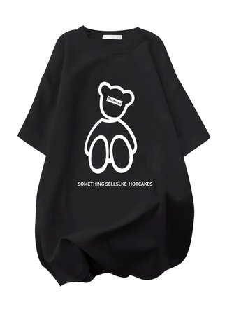 Baskılı Oversize Bisiklet Yaka T-shirt - Siyah