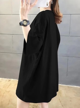 Baskılı Oversize Bisiklet Yaka T-shirt - Siyah