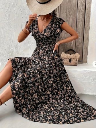 Kadın Kısa Kollu Kruvaze Yaka Beli Lastikli çiçek Desenli Elbise