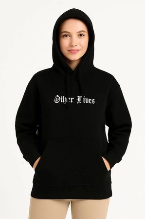 Üç İplik Kapşonlu ön Ve Arka Baskılı SweatShirt Hoodie- Siyah