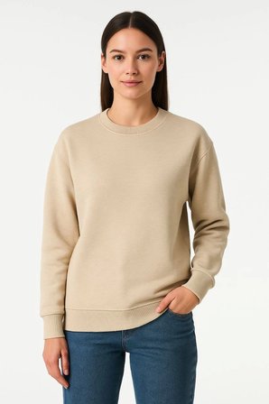 Üç İplik Düz Bisiklet Yaka SweatShirt - Bej