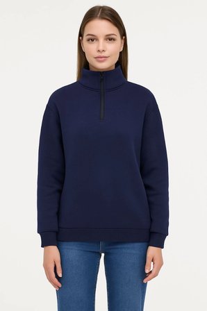 Üç İplik Dık Yaka Yarım Fermuarlı SweatShirt - Lacivert