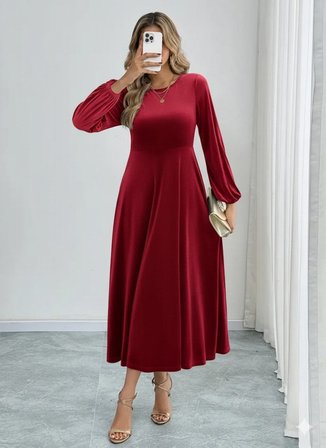 Kadın Uzun Kollu Bisiklet Yaka Midi Kadife Elbise