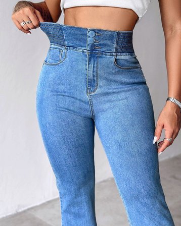 Kadın Yüksek Bel Yanları Lastik önü Düğmeli Kot Pantolon
