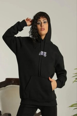 Baskılı Oversize Üç İplik Kapüşonlu Sweatshirt - Siyah