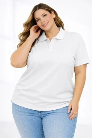 Pike Kumaş Düğmeli Yaka Battal Büyük Beden Günlük Kısa Kol Tişört T-shirt - Beyaz
