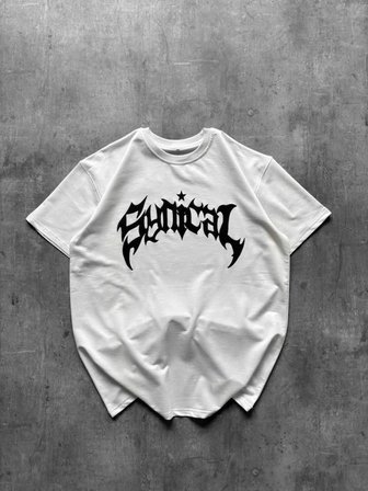 Bisiklet Yaka Ön Baskılı Kısa Kollu Tişört Streetwear Günlük Basic Pamuklu T-shirt - Beyaz