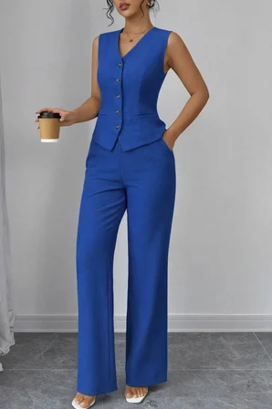 Kadın Askılı önden Düğmeli Bluz Ve Pantolon Keten Ikili Takım