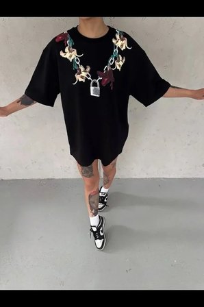 Baskılı T-Shirt Kısa Kol Bisiklet Yaka Regular Rahat Kalıp Günlük Tişört - Siyah