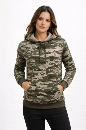 Kamuflaj Desenli 2 İplik 4 Mevsim Kapüşonlu Kanguru Cepli Hoodie Sweatshirt - Kamuflaj