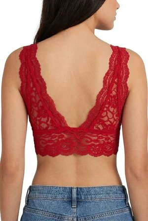 Dantel Bralet Crop Sütyen V Yaka Askılı Şık Esnek Rahat - Kırmızı