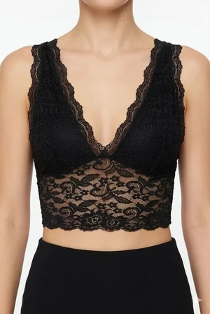 Dantel Bralet Crop Sütyen V Yaka Askılı Şık Esnek Rahat - Siyah
