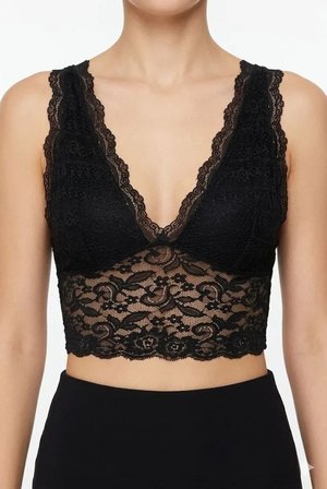 Dantel Bralet Crop Sütyen V Yaka Askılı Şık Esnek Rahat - Siyah