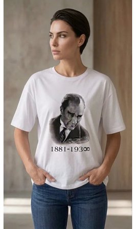 Atatürk Baskılı Tişört Kısa Kollu Bisiklet Yaka T-Shirt - Beyaz