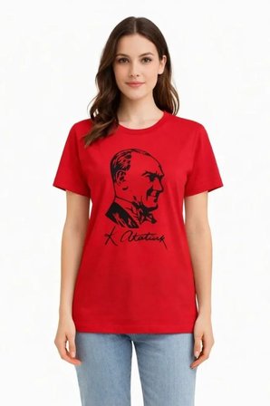 Atatürk Baskılı Tişört Kısa Kollu Bisiklet Yaka  T-Shirt - Kırmızı