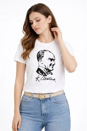 Atatürk Baskılı Tişört Kısa Kollu Bisiklet Yaka T-Shirt - Beyaz