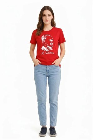 Atatürk Baskılı Tişört Kısa Kollu Bisiklet Yaka  T-Shirt - Kırmızı