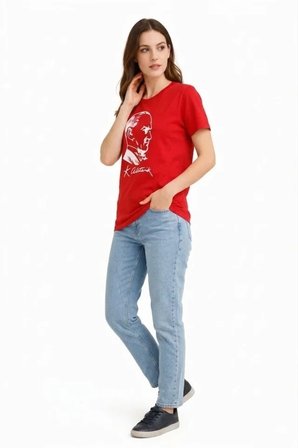 Atatürk Baskılı Tişört Kısa Kollu Bisiklet Yaka  T-Shirt - Kırmızı