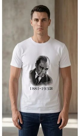 Erkek Atatürk Baskılı Tişört Kısa Kollu Bisiklet Yaka  T-Shirt - Beyaz