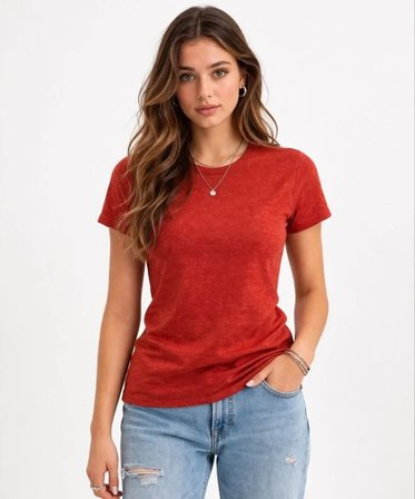 Flam Kumaş Melanj Dokulu Regular Fit Tişört Bisiklet Yaka Yazlık T-Shirt - Kiremit