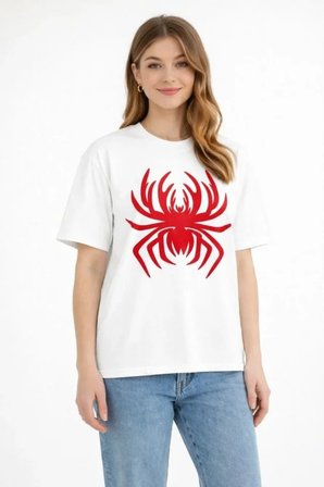 Örümcek Baskılı Tişört Kısa Kollu Bisiklet Yaka T-Shirt - Beyaz