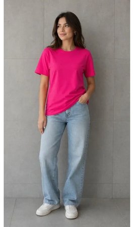 Basic Pamuklu Tişört Bisiklet Yaka Düz Renk Relaxed Fit T-Shirt - Fuşya