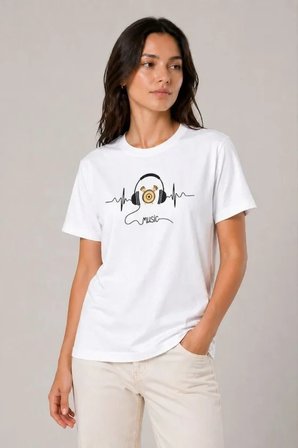 Müzik Temalı Baskılı Tişört Bisiklet Yaka Kısa Kol T-Shirt - Beyaz