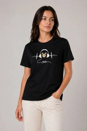 Müzik Temalı Baskılı Tişört Bisiklet Yaka Kısa Kol T-Shirt - Siyah