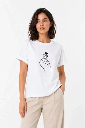 Kore Parmak Kalp Aşk Temalı Minimal Baskılı Tişört Yazlık Kısa Kol T-Shirt  - Beyaz
