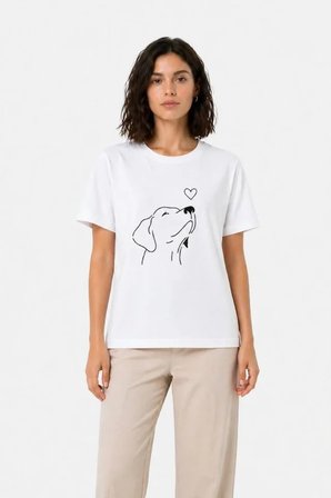 Köpek Figürlü Minimal Baskılı Tişört Kısa Kol Yazlık T-Shirt - Beyaz