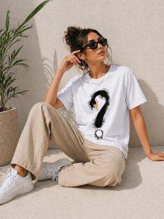Kuğu Figürlü Soru İşareti Baskılı Tişört Kısa Kol T-Shirt - Beyaz