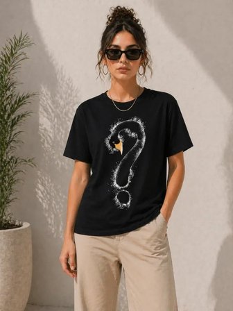 Kuğu Figürlü Soru İşareti Baskılı Tişört Kısa Kol T-Shirt - Siyah