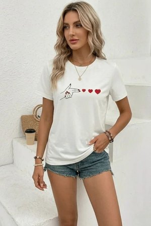 Minimal Kalp İşaret Baskılı Tişört Kısa Kol Yazlık T-Shirt - Beyaz