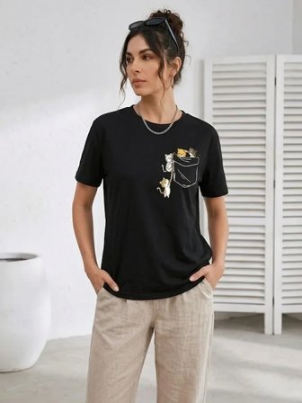 Sevimli Kedi Cep Baskılı Tişört Kısa Kol Yazlık T-Shirt - Siyah