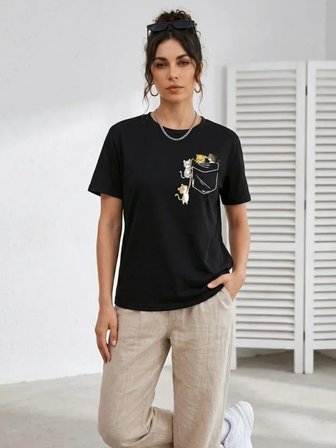 Sevimli Kedi Cep Baskılı Tişört Kısa Kol Yazlık T-Shirt - Siyah