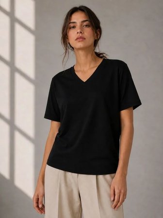 V Yaka Basic Tişört Kısa Kol Yazlık Regular Fit T-Shirt - Siyah