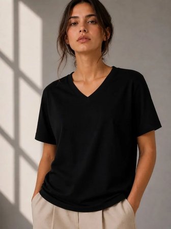 V Yaka Basic Tişört Kısa Kol Yazlık Regular Fit T-Shirt - Siyah