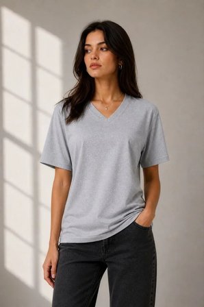 V Yaka Basic Tişört Kısa Kol Yazlık Regular Fit T-Shirt - Gri