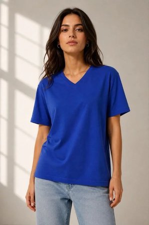 V Yaka Basic Tişört Kısa Kol Yazlık Regular Fit T-Shirt - Saks Mavisi