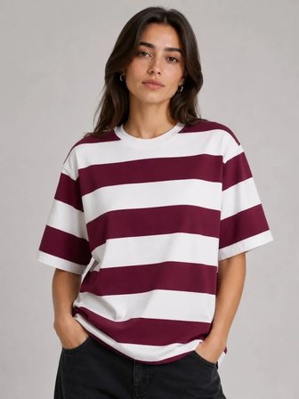 Çizgili Oversize Tişört Bisiklet Yaka Kısa Kol Yazlık T-Shirt - Bordo