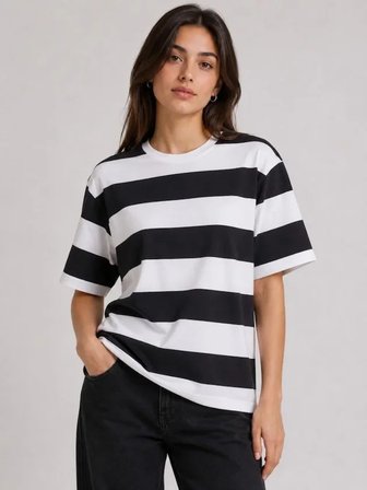 Çizgili Oversize Tişört Bisiklet Yaka Kısa Kol Yazlık T-Shirt - Siyah