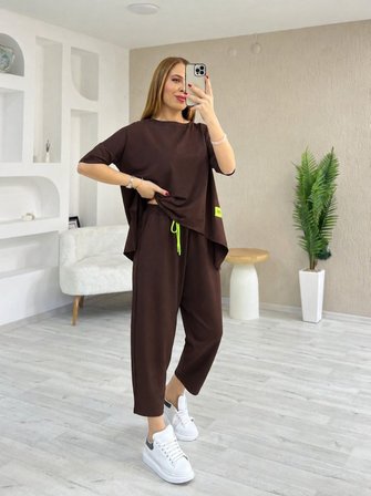 Kadın Kısa Kollu Bisiklet Yaka Viskon Iki Iplik Bluz Ve Pantolon Ikili Takım