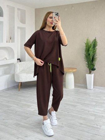 Kadın Kısa Kollu Bisiklet Yaka Viskon Iki Iplik Bluz Ve Pantolon Ikili Takım