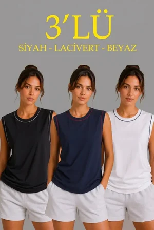 3’lü Kolsuz Sporcu Atlet Seti Yazlık Bisiklet Yaka - Siyah, Lacivert, Beyaz