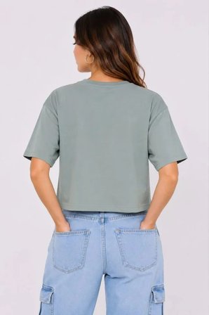 Kedi Baskılı Oversize Crop Tişört Salaş Basic Yarım Kol T-shirt - Mint Yeşili