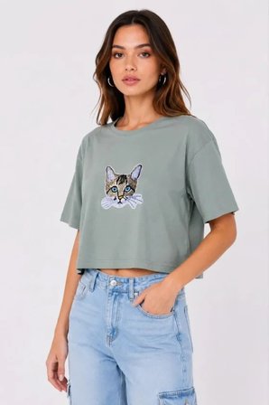 Kedi Baskılı Oversize Crop Tişört Salaş Basic Yarım Kol T-shirt - Mint Yeşili