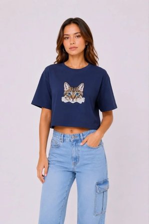 Kedi Baskılı Oversize Crop Tişört Salaş Basic Yarım Kol T-shirt - Lacivert